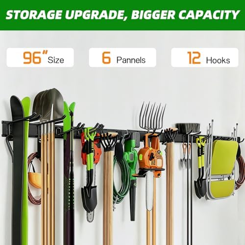 Garage Wall Organizer, 96 in Garden Tool Organizer with 12 Adjustable Hooks - Image 2