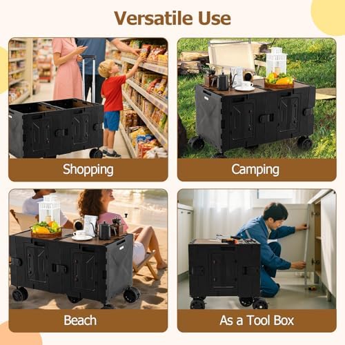 Goplus Large Foldable Utility Cart w/ 2-Tier Storage Crates, 5 Rotate Wheels, Metal Telescoping Handle, Portable Rolling Trolley Collapsible Cart for Grocery Shopping Camping & Travel - Image 3