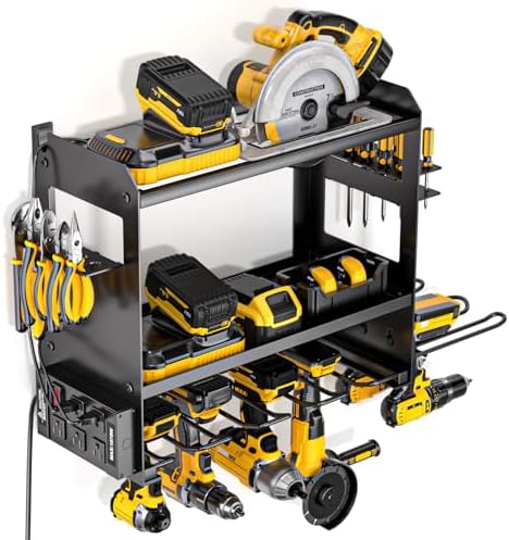 YYR Power Tool Organizer Wall Mount with Charging Station, Cordless Tools Hanger and Battery Storage Rack for Garage Organization, Heavy Duty Drill Holder Shelf Build in Metal Power Strip - Black by YYR