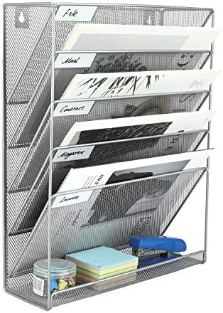 EasyPAG 5 Tier Wall File Holder, Mesh Hanging Folder Organizer with Classify Label, Versatile Desk File Holder, Vertical Wall Mounted Mail Organizer for Office Home Cubicle, Silver by EasyPAG