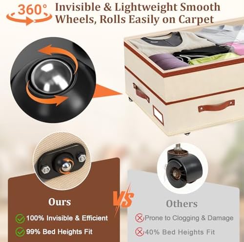 Dolicer 4 Pack Under Bed Storage with Wheels, 6in-10in Height Adjustable Underbed Storage Containers, 92L XXXL Under Bed Drawers Rolling Bin with Clear Lids for Dorm Shoes Clothes Organizers(Beige) - Image 4