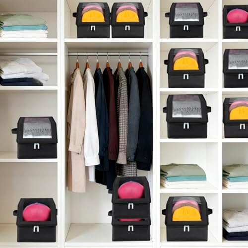 6 Pack Hat Storage for Baseball Caps-Holds Up to 56 Caps, Hat Organizer for Closet Stackable Hat Box with Cardboard, Dust-proof Beanie organizer with 2 Handles for Home Travel (Black, 6Pack-Small) - Image 6