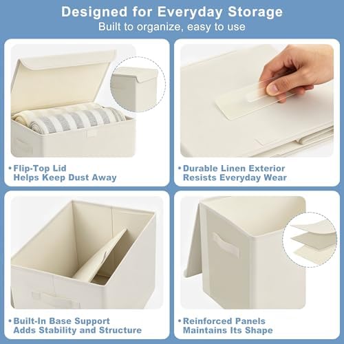 Bagnizer Large 42 Quarts Collapsible Stackable Storage Bins Cube with Lids [3-Pack] Foldable Fabric Linen Storage Boxes, Closet Organizer Baskets with Label for Home (16.7 x 12 x 12, Beige) - Image 6