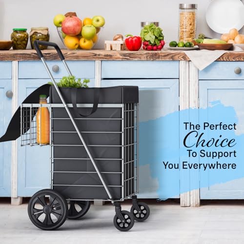 Our Modern Space Shopping Cart w/Waterproof Basket Liner & 360° Swivel Wheels | Foldable Collapsible & Lightweight | Perfect for Groceries Laundry Utility Cart - Silver - Image 6