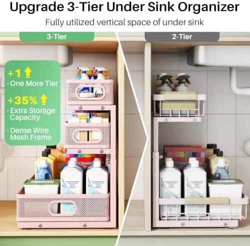 Kitstorack Under Sink Organizer, 1-Pack 3-Tier Height Adjustable Thickened Metal Pull out Cabinet Organizer Shelf, Slide out Storage Drawer Rack for Bathroom Kitchen Pantry Home Organization, Pink - Image 3