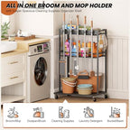 Broom Holder with Cleaning Supplies Organizer, Broom Closet Storage Cabinet with Mop Hanger Gripper Rack Hooks, Cleaning Housekeeping Janitorial Cart with Cleaning Caddy, Laundry Room Organization - Image 2