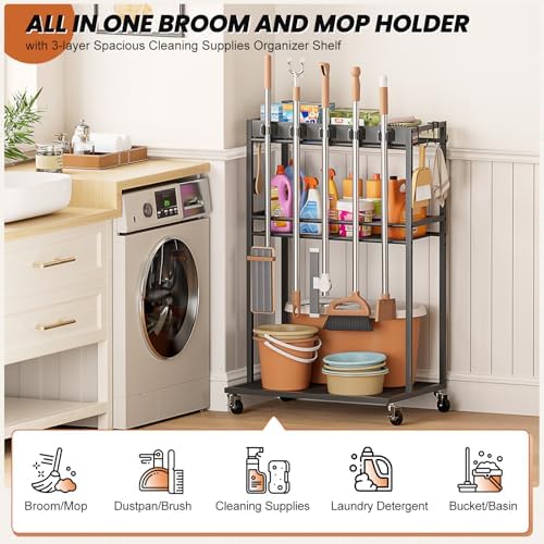 Broom Holder with Cleaning Supplies Organizer, Broom Closet Storage Cabinet with Mop Hanger Gripper Rack Hooks, Cleaning Housekeeping Janitorial Cart with Cleaning Caddy, Laundry Room Organization - Image 2