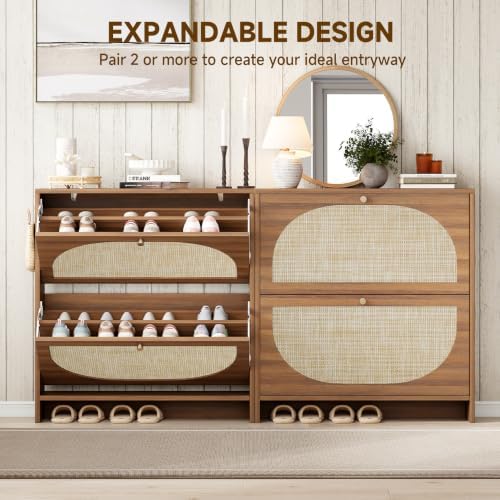 Nicetree Rattan Arched Accent Shoe Storage Cabinet - Freestanding Ultra Slim for Entryway, 2 Flip Drawers & 3-Tier Adjustable Shelves, Farmhouse Modern Rustic Shoe Rack for Hallway, Foyer, Living Room - Image 7