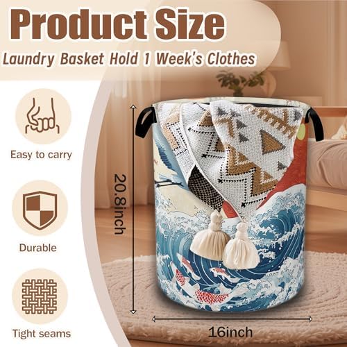 White Crane Laundry Baskets,Red Sun Japanese Wave Laundry Hamper,Storage Basket with Handles for Bathroom Bedroom College Dormitory Living Room Nursery Organizer 16"x20.8" - Image 2