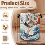 White Crane Laundry Baskets,Red Sun Japanese Wave Laundry Hamper,Storage Basket with Handles for Bathroom Bedroom College Dormitory Living Room Nursery Organizer 16"x20.8" - Image 2
