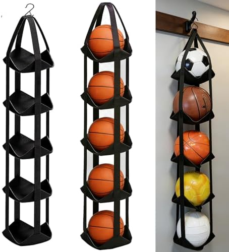 BOXIN 5-Tier Hanging Ball Storage Organizer with Hook for All Sports Balls, Sports Equipment Organizer Holder Toy Organizers, Vertical Hanging Storage,Space-Saving,Home Gym Decor,Yoga Mat Holder - Image 5