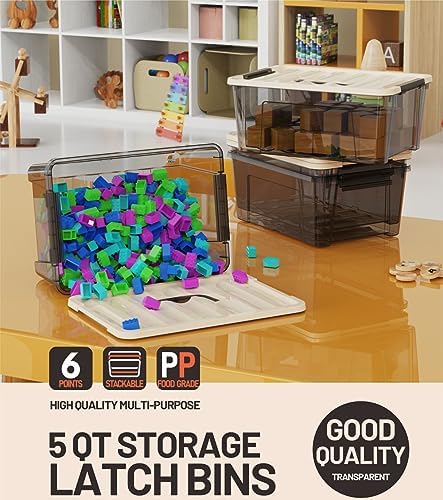 WYT Small Clear 5-Quart Plastic Storage Container Bin with Khaki Secure Lid and Black Latch Buckles, Durable Stackable Nestable Organizin, 6-Pack - Image 5