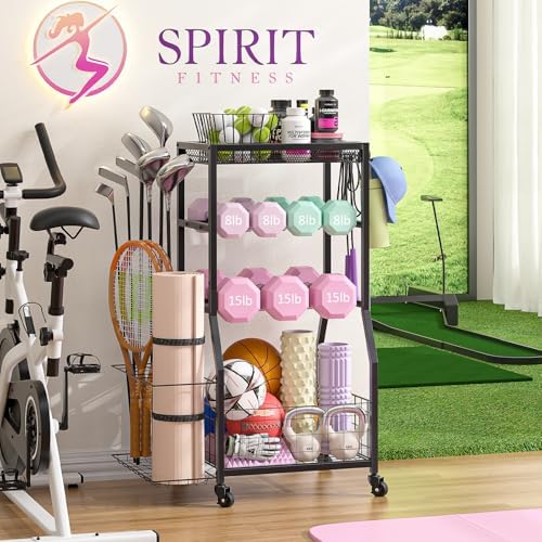 Home Gym Storage Rack, Dumbbell Rack with Yoga Mat Storage, Weight Rack Stand with Lockable Wheels and Hooks, Home Workout Equipment Organizer for Yoga, Dumbbell, Kettlebells, Ball Storage - Image 5