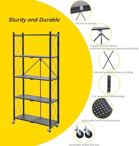 BRIAN & DANY 5-Tier Foldable Storage Shelves with Wheels, Folding Metal Rack Shelving Unit, Heavy Duty No Assembly Organizer Shelf for Garage, Kitchen, Basement, Pantry, Black - Image 6