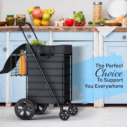 Our Modern Space Shopping Cart w/Waterproof Basket Liner & Large 360° Swivel Wheels | Foldable Collapsible & Lightweight | Perfect for Groceries Laundry Utility Cart - Black - Image 6