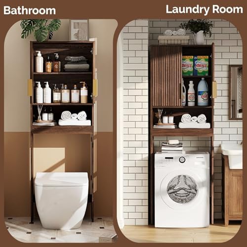 VINGLI Over The Toilet Storage Cabinet, Mid Century Modern Bathroom Organizer with Fluted Doors, Freestanding Wooden Space Saver Stand with Adjustable Shelves for Laundry, Dark Walnut - Image 3
