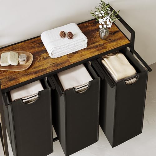Laundry Hamper, Laundry Basket, Laundry Sorter with 3 Pull-Out and Removable Bags, Shelf, Laundry Room Storage with Table, for Bathroom, Bedroom, 3 x 11.5 Gal (43.4L), Rustic Brown - Image 5