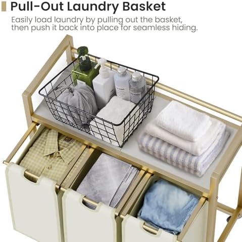 SwaaVee Laundry Sorter, Laundry Hamper 3 Section, 3×11.4Gal, Metal Frame Rolling Laundry Basket with Wooden Top Shelf, Pull out and Removable Laundry Bags, 3 Bags-Golden - Image 5