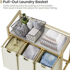 SwaaVee Laundry Sorter, Laundry Hamper 3 Section, 3×11.4Gal, Metal Frame Rolling Laundry Basket with Wooden Top Shelf, Pull out and Removable Laundry Bags, 3 Bags-Golden - Image 5