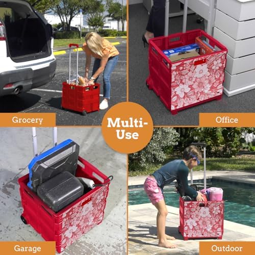 Inspired Living Ultra-Slim Rolling Collapsible Storage Pack-N-Roll Utility-carts, with Telescopic Handle, for Home, Garden, Shopping, Office, School use, Large, Red, White Flower Print - Image 5