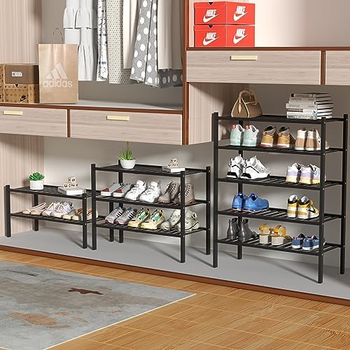 ROMGUAR CRAFT 5 Tier Bamboo Shoe Rack for Closet Free Standing Wood Shoe Shelf for Entryway Small Space Stackable 27"x11"x33" (Black) - Image 4