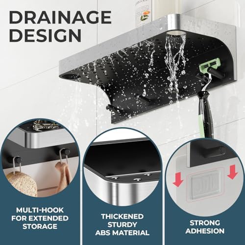 Shower Caddy Adhesive with 5 Hooks & Drainage, No-Drill, Silver - Image 4