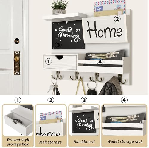 Farmhouse Key Holder for Wall with Mail Organizer - Easy Installation Wall Mount Organizer, Includes Chalkboard, Drawer, Wallet Holder & 4 Double Hooks, Ideal for Entryway, Quick Access - White - Image 5