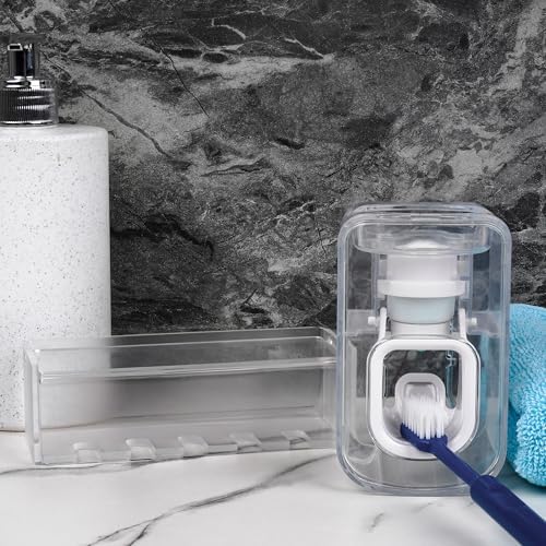 5 Slots Wall Mount Toothbrush Holder with Cover, Self Adhesive Tooth Brush Storage Organizer for Shower Bathrooms, Toothbrush Stand with Automatic Toothpaste Squeezer Dispenser - Image 4