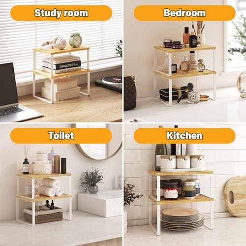Kitchen Cabinet Organizer Shelf Set of 4, Sturdy Kitchen Counter Shelves with Metal Legs, Stackable Expandable Wood Spice Rack Pantry Cupboard Dish Mug Cup Storage Organizer Shelf,White+Bamboo - Image 6