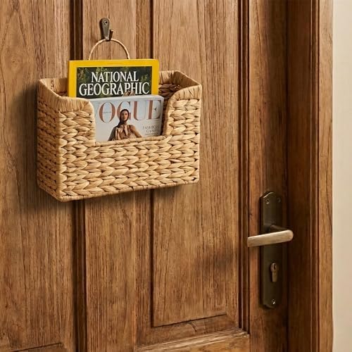 Set of 2 Magazine Holder Wall Basket Water Hyacinth Woven Mail Organizer, Wicker Wall Hanging Baskets for Magazines, Letters & Storage Decorative Mail Holder, Magazine Rack, 11.8x4.3x7.9 Inch - Image 7