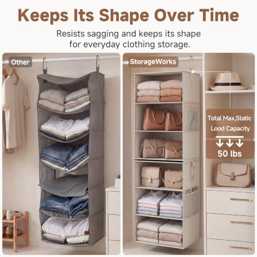 StorageWorks Hanging Closet Organizer, 6-Shelf with 2-in-1 Design, Ivory | Maximize Closet Space with Reinforced Shelves, Small Closet Storage Solution for Bedrooms, Dorms and RVs, Jumbo - Image 5