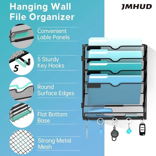 5-Tier Wall File Organizer and Mail Organizer with 5 Hooks, Black - Image 2