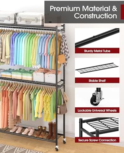 Sakugi Clothes Rack - 45.2" x 12.2" x 79.5" Clothing Rack with Shelves & Wheels, Multi-Functional Wardrobe Closet with Hooks, Sturdy Metal Garment Rack for Bedroom, Laundry, Balcony (Black) - Image 3