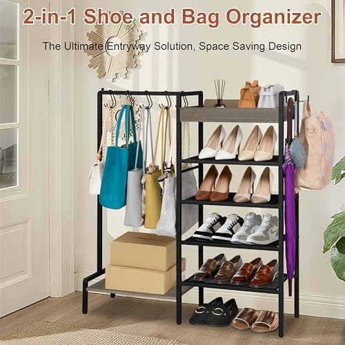 2-in-1 Shoe and Purse Rack, 5-Tier Shoe Rack with Wooden Tray & 7 Hooks, Industrial Metal Shoe Shelf with Removable Shelves for Entryway, Front Door Entrance, Closet, Boot Storage, Black - Image 3