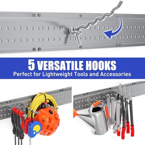 Garage Tool Organizer Wall Mount 49.5 inches with 10 Adjustable Heavy-Duty Hooks, Garage Organization, Garden Tool Storage Rack, Yard, and Shed, Holds Up to 400 lbs (Grey) - Image 6
