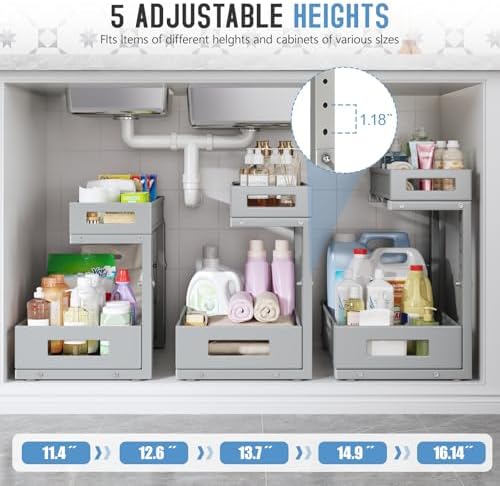 1 Pack-11.4"-16.14" H Under Sink Storage Organizer, Large 2-Tier Elegant Mesh Pull Out Shelf for Kitchen & Bathroom Cabinet Organization, L-Shaped, Adjustable Height-Gun Gray - Image 5