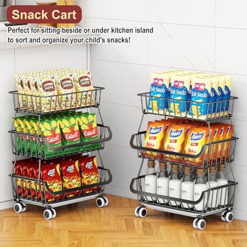 3-Tier Rolling Pantry Cart with Wheels, Stackable Wire Storage Floor Organizer for Kitchen Pantry Snack Shelves, Fruit Basket Stand, Vegetable Storage Rack for Food Snacks Onion Potato - Image 5