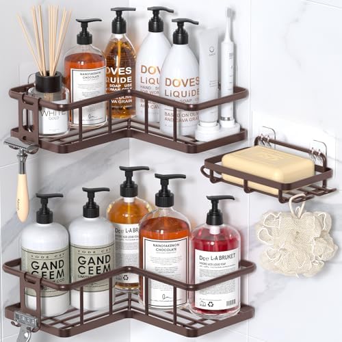 YASONIC Corner Shower Caddy Adhesive, 100% Rustproof Shower Organizer with Soap Holder, No Drill Shower Shelf for Inside Shower, Wall-Mounted Shower Storage for Homes (3 Pack, Bronze) by YASONIC