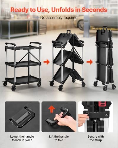 VEVOR 3 Shelf Heavy Duty Folding Jobsite Cart, 3 Tier Rolling Cart with Side Tool Holder & 360° Swivel Wheels (2 Brakes), 300 LBS Folding Utility Cart, Tool Storage for Garage Warehouse Workshop - Image 6
