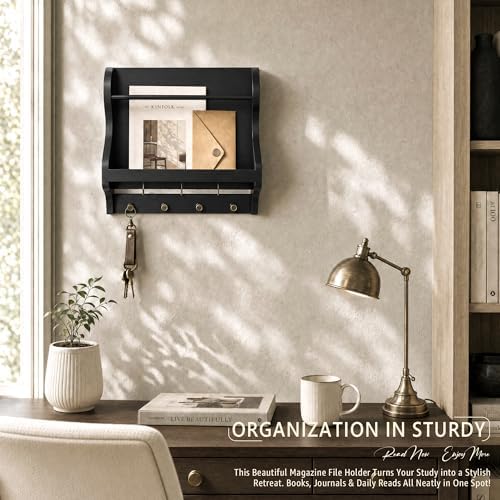 Pine Wood Mail Organizer Wall Mount with 7 Key Hooks for Home Decor, Black - Image 4
