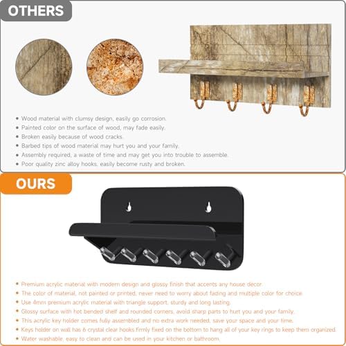 Beego Entryway Key Holder for Wall - Black Acrylic Key Rack with Shelf Decorative Key Hanger Wall Mount Mail Organizer with 6 Key Hooks for Office Hallway Kitchen Living Room Home Décor - Image 7