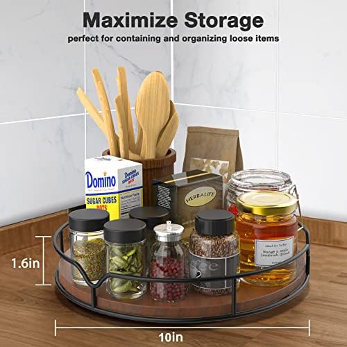 Lazy Susan Turntable Organizer with Anti-Slip Mat for Cabinet Pantry Kitchen Countertop Refrigerator Office, Pine Wood, 10", Brown - Image 2