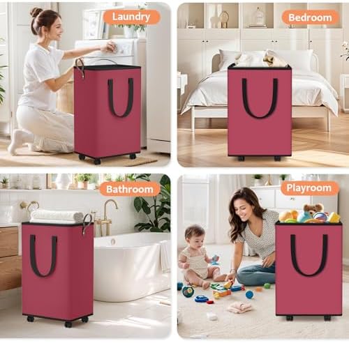 SpaceTrove Rolling Laundry Basket with Wheels, Laundry Hamper, 80L, Red - Image 6