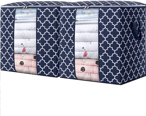 Storage Bags 2 Pack 100L Clothes Organization and Storage Containers | Large Blanket for Comforters,Bedding, Foldable Organizer with Reinforced Handle, Clear Window, Sturdy Zippers, Blue by WiseLife