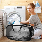 Durable Collapsible Laundry Baskets, Mesh Pop Up Laundry Hamper with Side Pocket, Foldable Clothes Hamper with Reinforced Carry Handles for Laundry, Bathroom, Kids Room, Dorm or Travel 2 Pack Black - Image 2