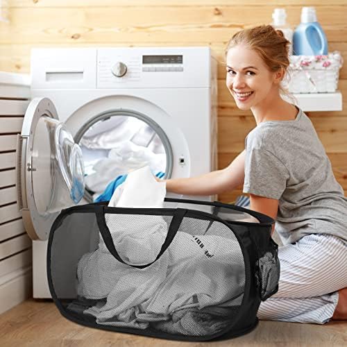 Durable Collapsible Laundry Baskets, Mesh Pop Up Laundry Hamper with Side Pocket, Foldable Clothes Hamper with Reinforced Carry Handles for Laundry, Bathroom, Kids Room, Dorm or Travel 2 Pack Black - Image 2