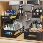 2-Pack Under Sink Organizer and Storage,2-Tier L Shape Pull Out Cabinet Organizer With Round Tube Slide Rails,Hight Adjustable Slide Out Drawers for Kitchen&Bathroom,Multi-Purpose Shelf-Black by UnderSinkOrganizer