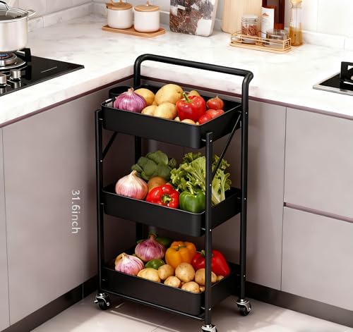 Foldable Rolling Cart 3-Tier Small Foldable Utility Storage Cart Multifunctional Metal Storage Bin Heavy Duty Organizer Carts with Rolling Wheels for Home Office (Black) - Image 4