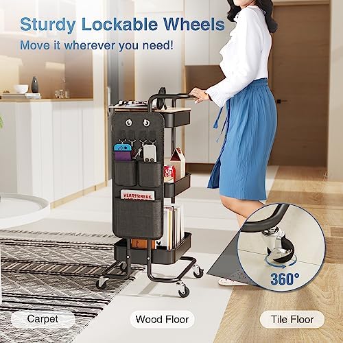 DTK 3 Tier Metal Utility Rolling Cart with Table Top and Side Bags, Tray Storage Organizer Wheels, Art Craft 4 Hooks for Kitchen Bathroom Office Living Room (Black) - Image 4