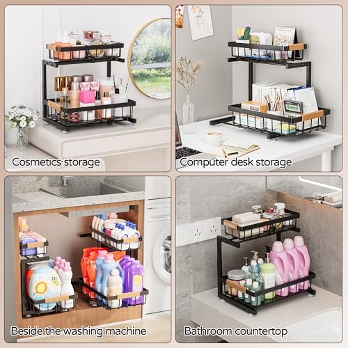 ADBIU Under Sink Organizer, 2 Pack 2 Tier Expandable Height (13.2" - 17.2") Pull out Kitchen Bathroom Cabinet Organizers and Storage Shelf - Image 5